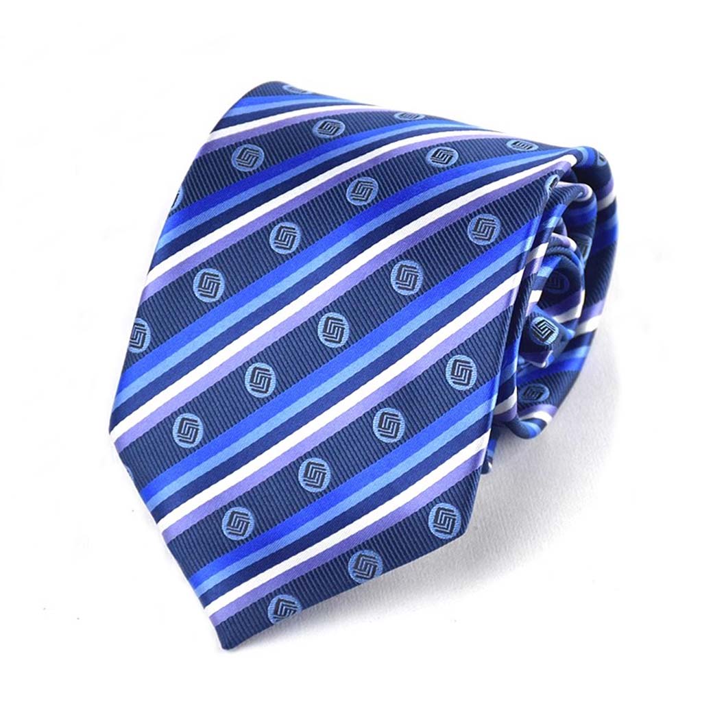 Microfiber blue company ordered stripe and logo necktie