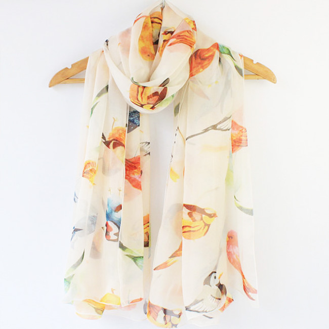 Bird Design Silk Printed Summer Scarf