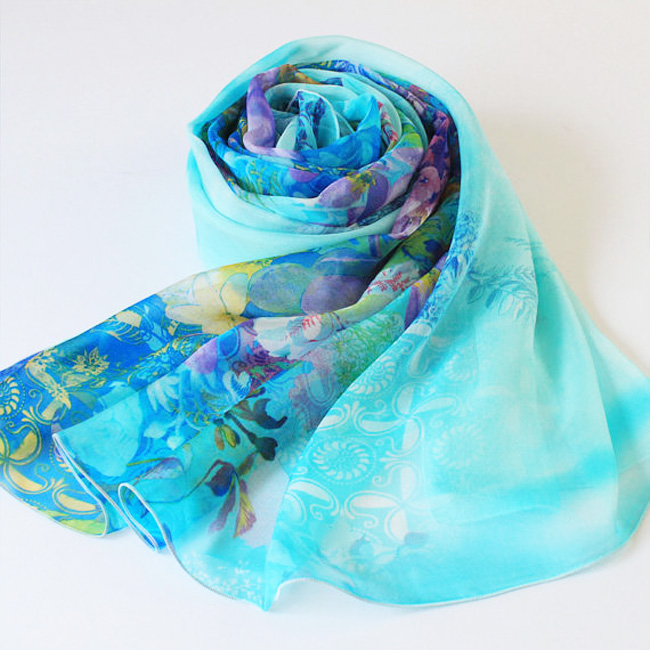 Blue Machine Roll Edge Silk Chiffon Scarf